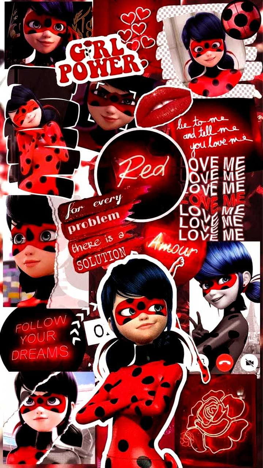 Miraculous Ladybug Red Aesthetic Collage Wallpaper with Girl Power Quotes and Rose Motifs HD phone wallpaper