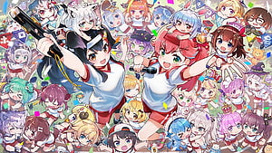 Hololive VTuber Group Celebration Illustration with Confetti and Microphones HD wallpaper
