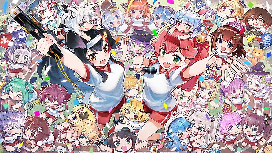 Hololive VTuber Group Celebration Illustration with Confetti and Microphones HD wallpaper