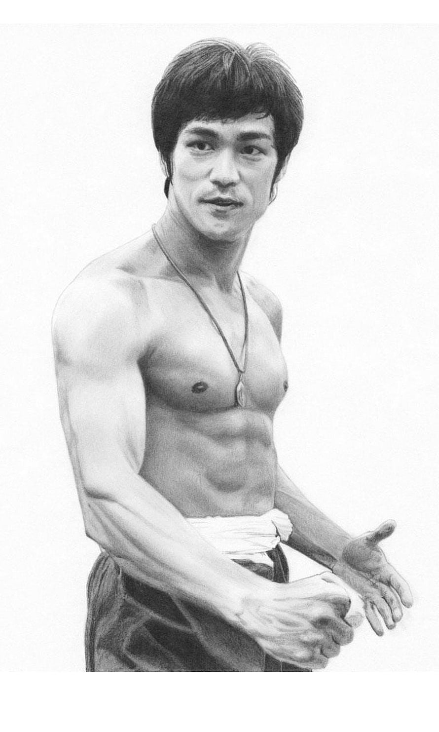 Bruce Lee Black and White Portrait Sketch with Muscular Physique and Dog Tags HD phone wallpaper