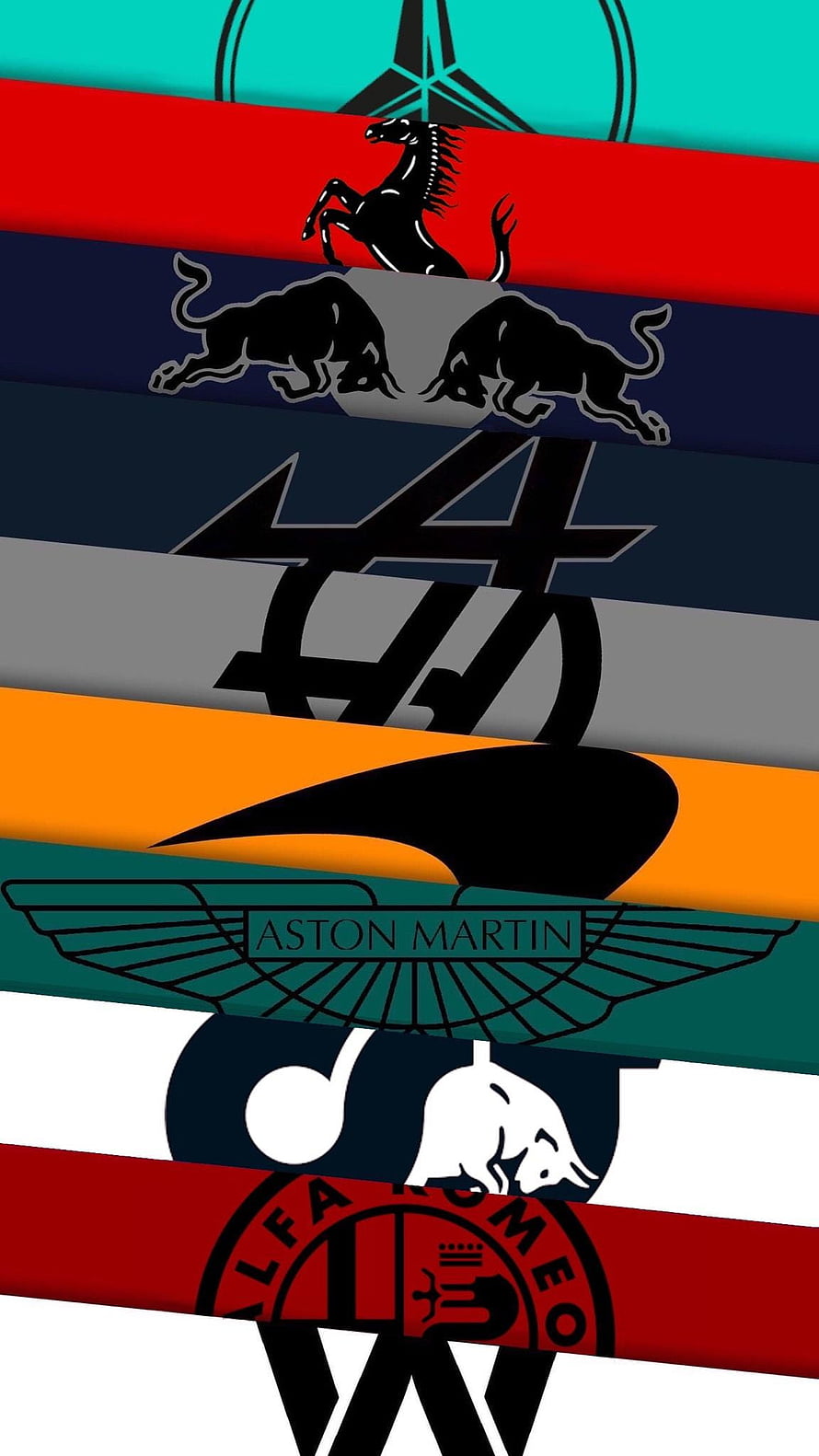 Formula 1 Team Logos and Emblems Stacked in a Bold Vertical Graphic Design HD phone wallpaper
