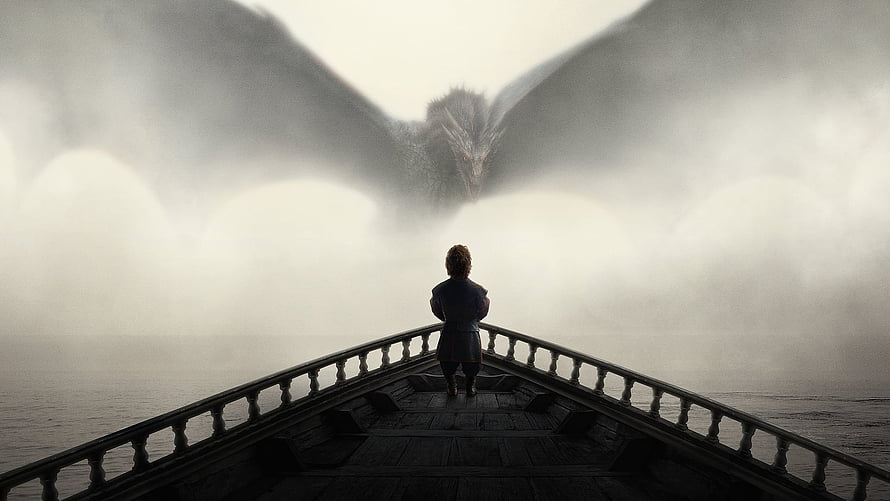 Game of Thrones: Lone Figure on Misty Bridge Facing Dragon Silhouette HD wallpaper