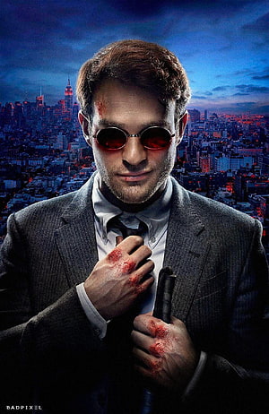 Daredevil Matt Murdock in Suit with Red Tinted Glasses Against Nighttime City Skyline HD phone wallpaper