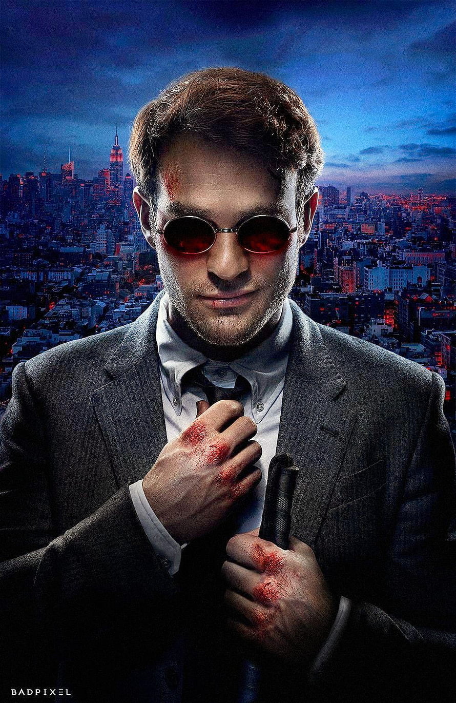 Daredevil Matt Murdock in Suit with Red Tinted Glasses Against Nighttime City Skyline HD phone wallpaper