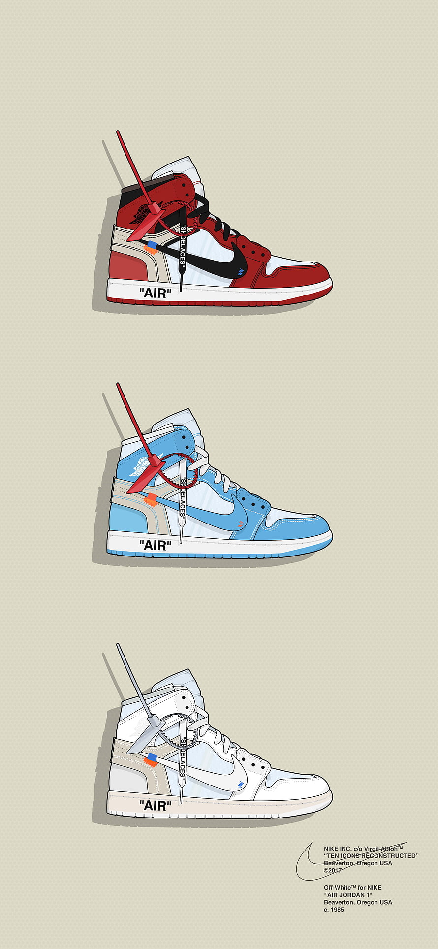 Off-White x Nike Air Jordan 1 Reconstructed Sneakers in Red, Blue, and White Colorways HD phone wallpaper
