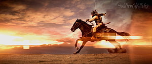 Islamic Warrior on Horseback at Sunset in Desert Landscape HD wallpaper