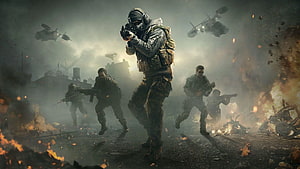 Call of Duty Mobile Battlefield Scene with Armed Soldiers and Helicopters HD wallpaper