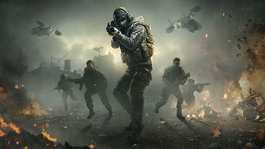 Call of Duty Mobile Battlefield Scene with Armed Soldiers and Helicopters HD wallpaper