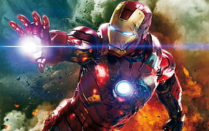 Iron Man Firing Repulsor Blast Amidst Explosive Battlefield Debris, The Avengers, #the avenger HD wallpaper