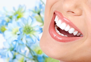 Close-up of a bright white smile with soft blue flowers in the background HD wallpaper