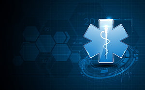 Glowing Blue Star of Life Medical Emblem with Caduceus on Futuristic Hexagonal Tech Background HD wallpaper