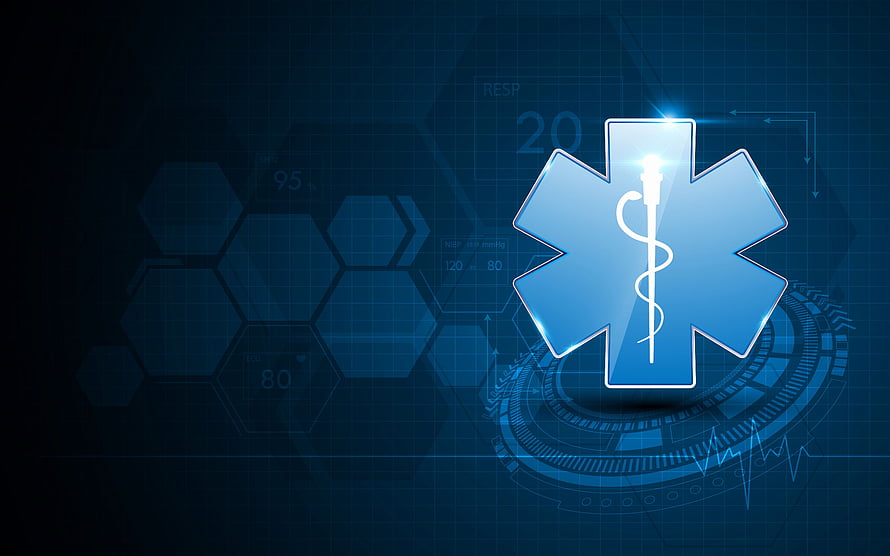Glowing Blue Star of Life Medical Emblem with Caduceus on Futuristic Hexagonal Tech Background HD wallpaper