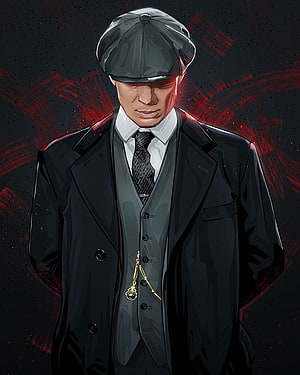 Thomas Shelby from Peaky Blenders in a dark suit and flat cap with a red abstract background HD phone wallpaper