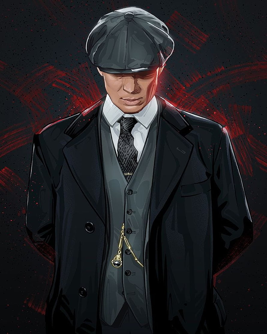 Thomas Shelby from Peaky Blenders in a dark suit and flat cap with a red abstract background HD phone wallpaper
