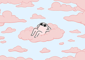 Cute Kawaii Frog Lying on Pink Clouds in Pastel Blue Sky HD wallpaper