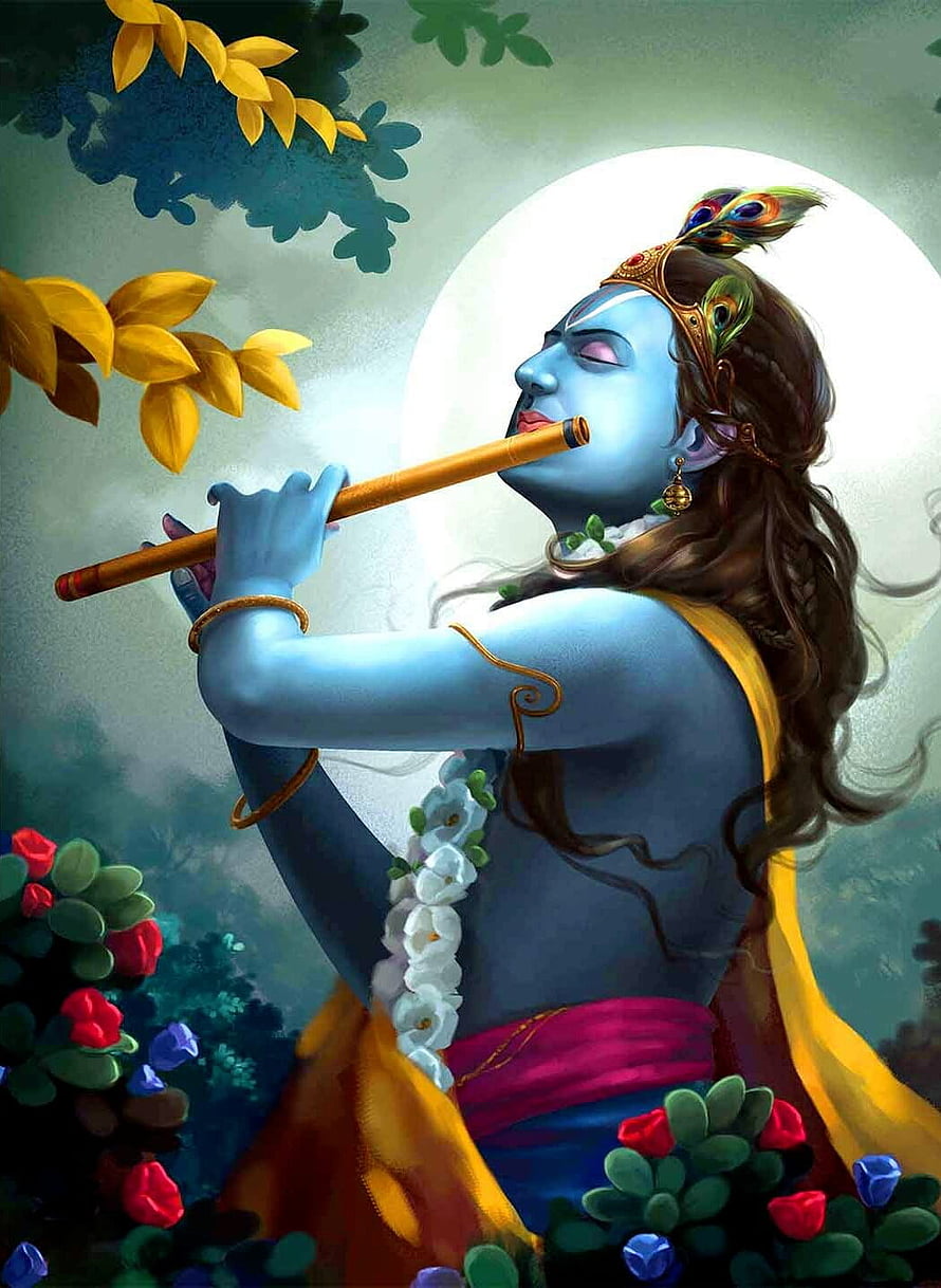 Lord Krishna Playing Flute Under Moonlight with Peacock Crown and Floral Garland HD phone wallpaper