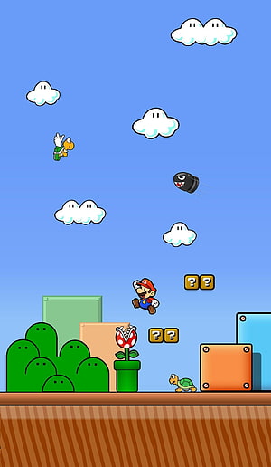 Super Mario Bros Classic Side Scrolling Platformer Scene with Question Blocks and Enemies HD phone wallpaper