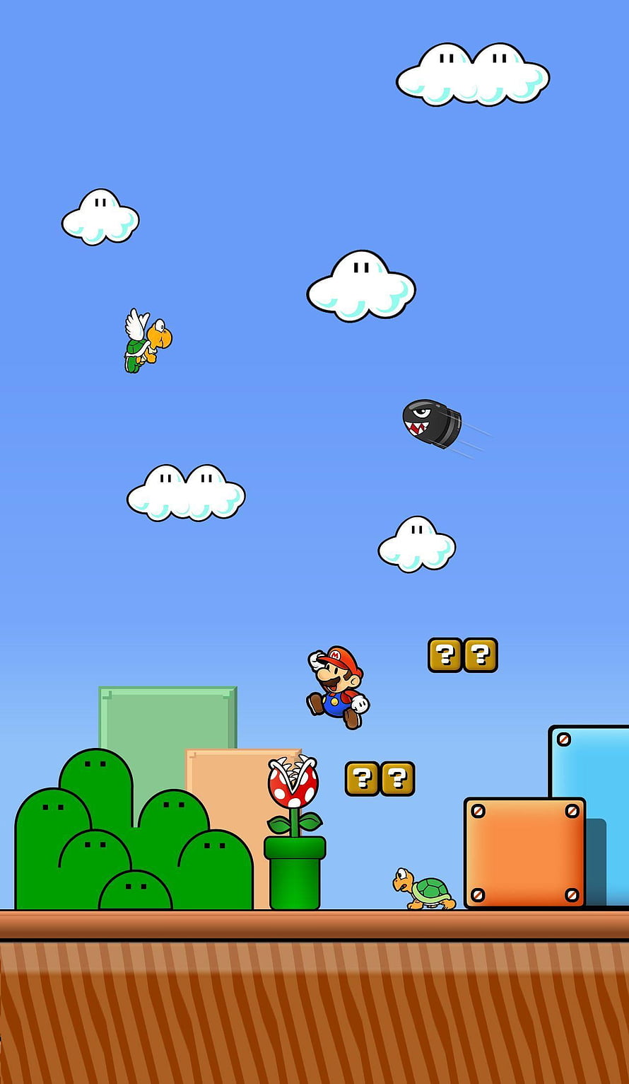 Super Mario Bros Classic Side Scrolling Platformer Scene with Question Blocks and Enemies HD phone wallpaper