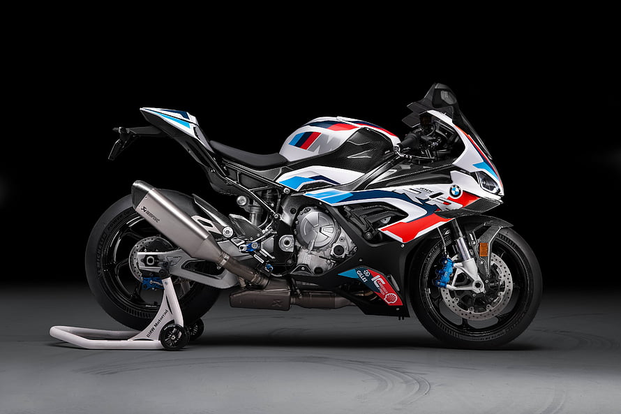 BMW M 1000 RR Superbike in M Motorsport Livery on Rear Stand HD wallpaper