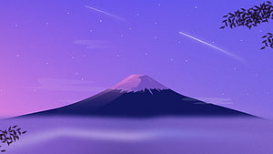 Minimalist Mount Fuji Night Sky Illustration with Shooting Stars and Purple Hues HD wallpaper