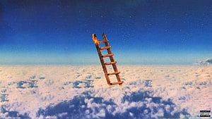 Travis Scott Ladder Album Artwork with Burning Wooden Ladder Above Clouds HD wallpaper