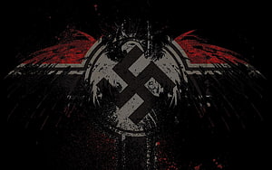 Dark Grunge Imperial Aquila Emblem with Red Wings and Crossed Swords on Black Background HD wallpaper