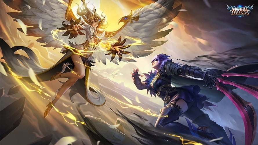 Natalia and Warrior Confrontation in Mobile Legends Fantasy Battle Art HD wallpaper