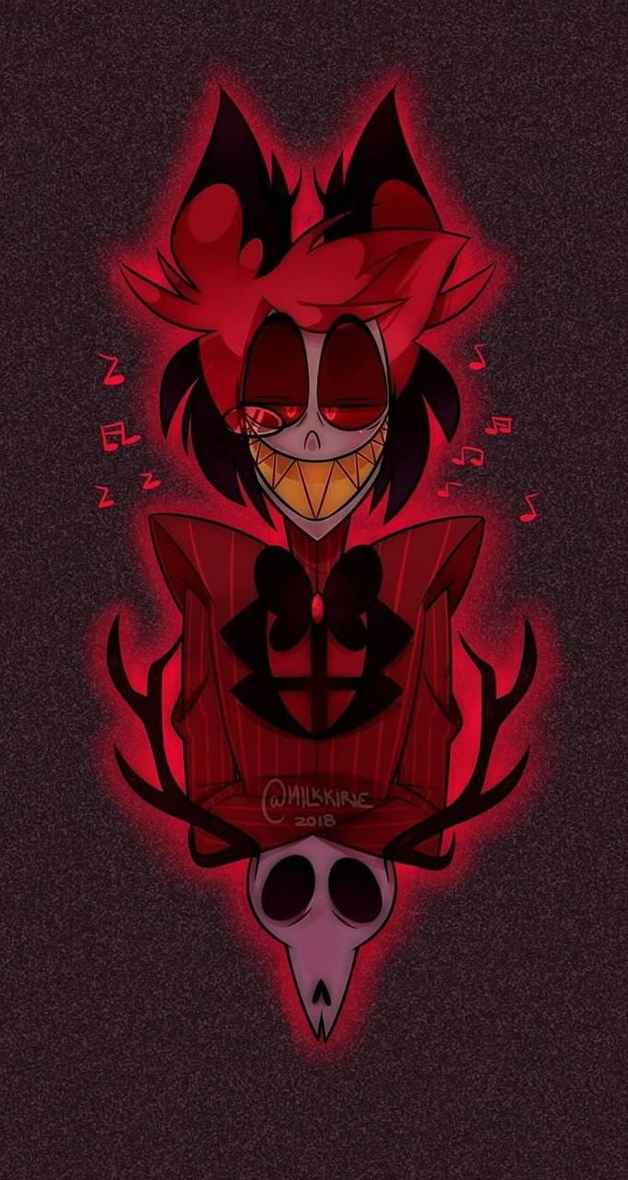 Alastor from Hazbin Hotel in a dark red gothic style with a skull and antlers HD phone wallpaper