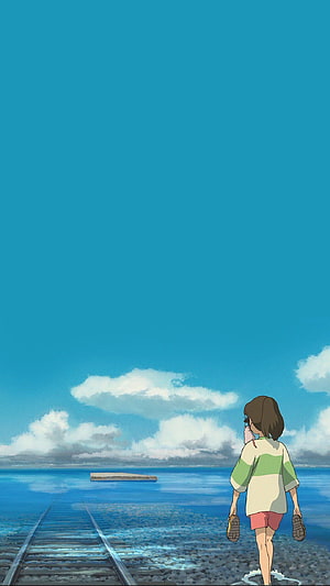 Spirited Away Anime Scene: Girl Walking Along Seaside Railway Tracks Under Blue Sky HD phone wallpaper