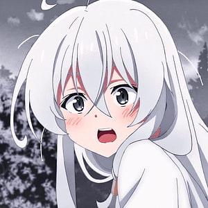 Close-up of a surprised anime girl with long white hair and a halo against a cloudy sky HD phone wallpaper