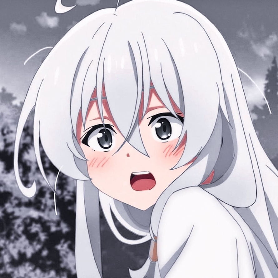 Close-up of a surprised anime girl with long white hair and a halo against a cloudy sky HD phone wallpaper