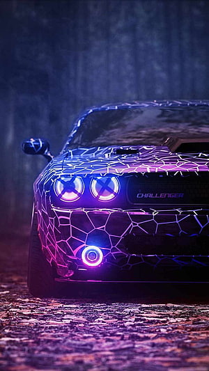 Dodge Challenger with Neon Cracked Glass Effect and Blue Purple LED Headlights HD phone wallpaper