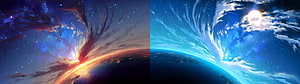 Split Screen Cosmic Horizon with Fiery Sunset and Moonlit Night Sky HD wallpaper
