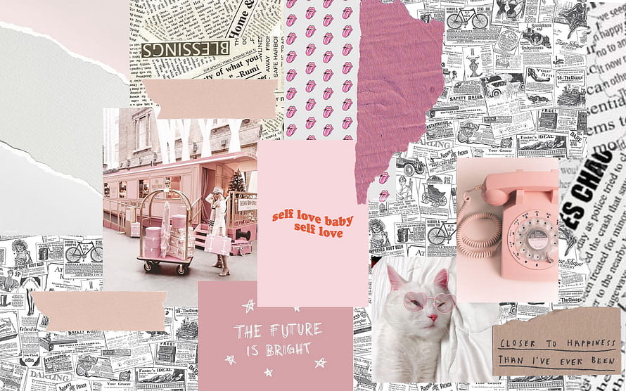 Pink Aesthetic Scrapbook Collage Featuring Vintage Phone, Cat, and Inspirational Quotes HD wallpaper