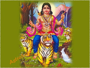 Lord Ayyappa Riding a Tiger in a Lush Forest with Bow and Arrow HD wallpaper