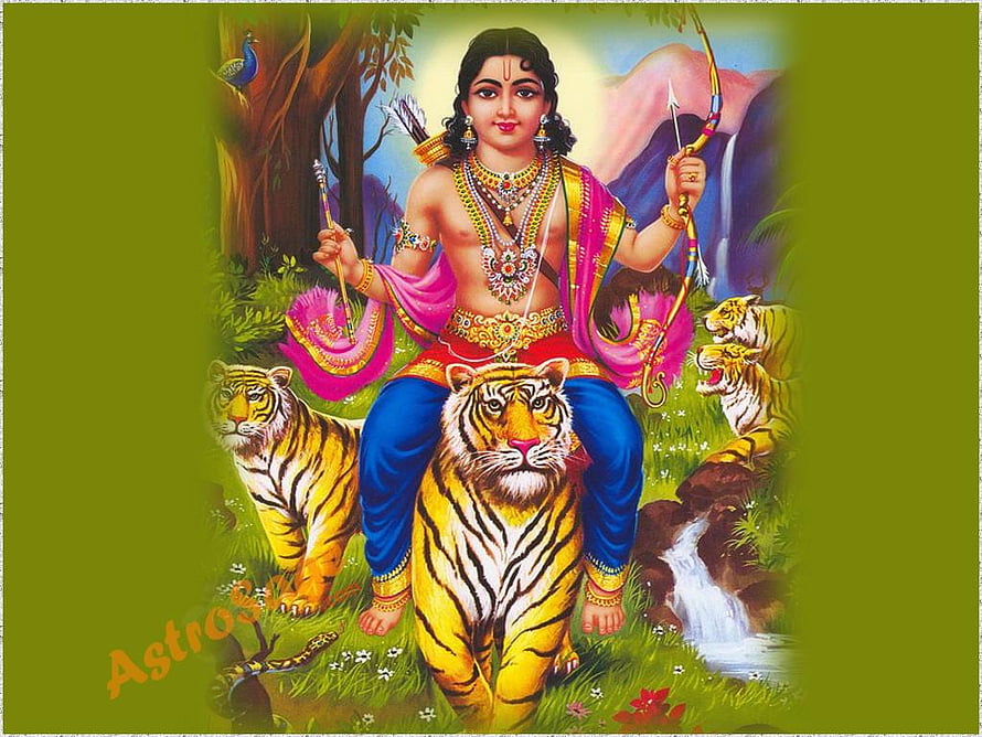 Lord Ayyappa Riding a Tiger in a Lush Forest with Bow and Arrow HD wallpaper