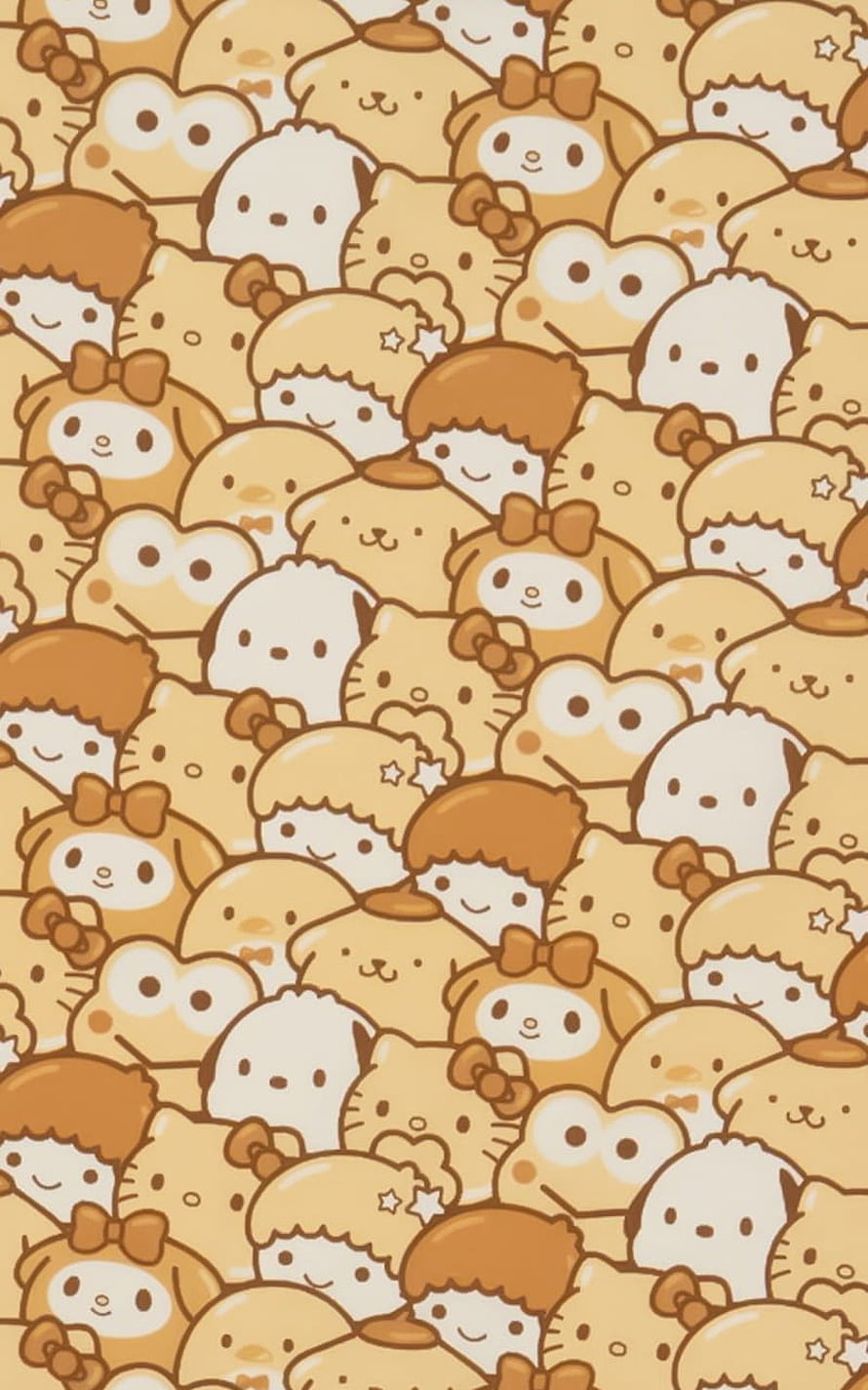 Sanrio Character Pattern Wallpaper Featuring Hello Kitty and Friends in Warm Tones HD phone wallpaper