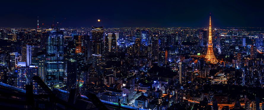 Tokyo Skyline at Night with Tokyo Tower and Full Moon Over the City HD wallpaper