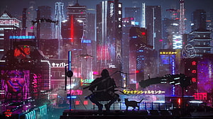 Cyberpunk Tokyo Rooftop Warrior With Cat Amid Neon Cityscape HD wallpaper