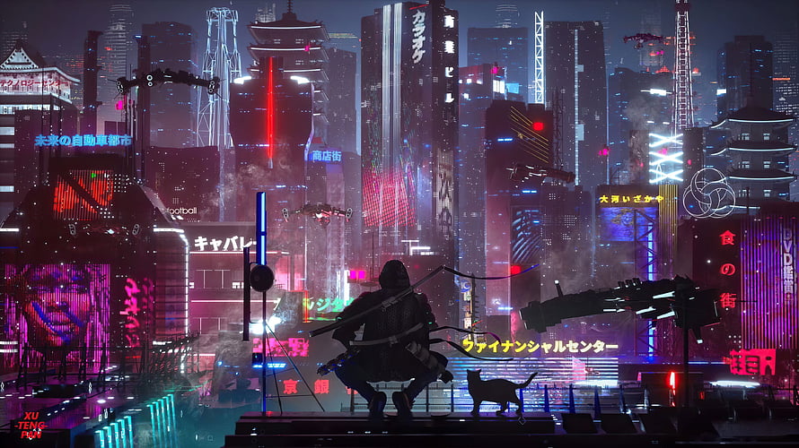 Cyberpunk Tokyo Rooftop Warrior With Cat Amid Neon Cityscape HD wallpaper