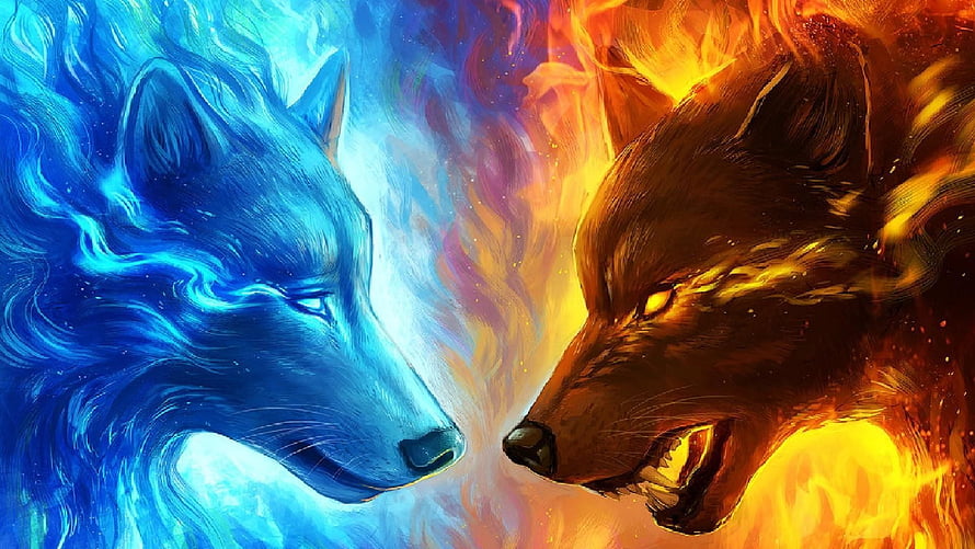 Fire and Ice Wolf Confrontation Digital Art with Vibrant Elemental Energy HD wallpaper