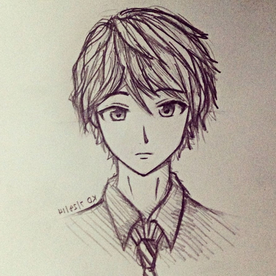 Hand-drawn anime boy portrait sketch in pencil with school uniform and tie HD phone wallpaper