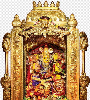 Kanak Durga Murti in Ornate Golden Temple Shrine with Floral Garlands HD phone wallpaper