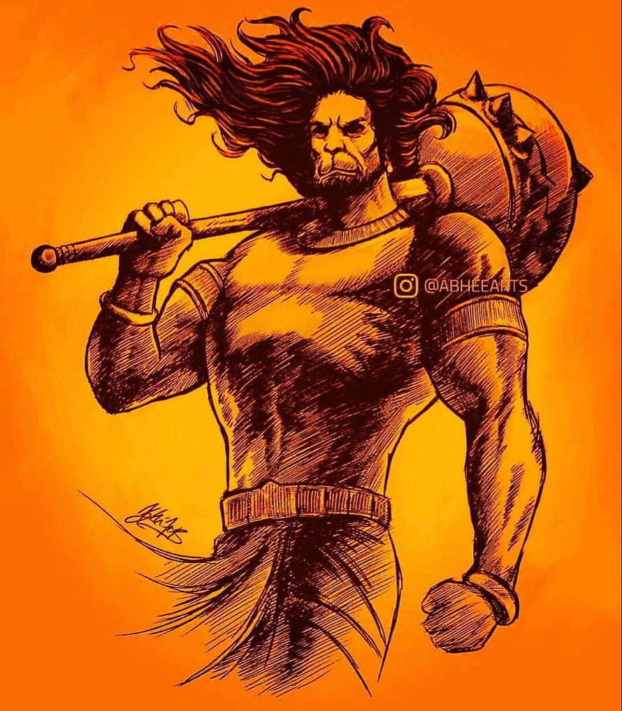 Hanuman Warrior Illustration with Mace and Fiery Orange Background HD phone wallpaper