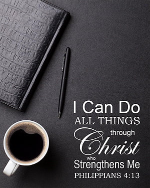 Philippians 4:13 Bible Verse with Coffee, Journal, and Pen on Dark Leather Surface HD phone wallpaper