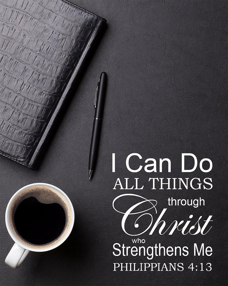 Philippians 4:13 Bible Verse with Coffee, Journal, and Pen on Dark Leather Surface HD phone wallpaper