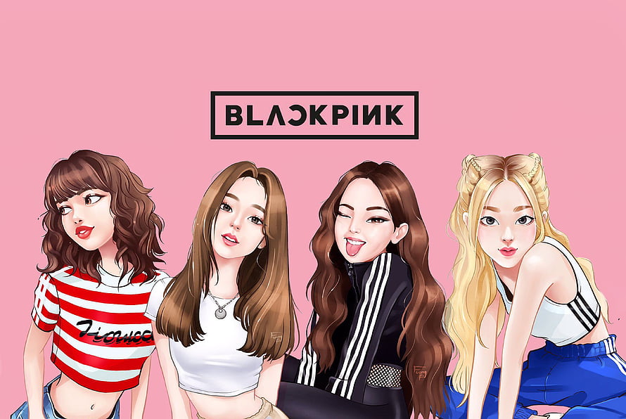 Blackpink K-pop Girl Group Digital Illustration on Pink Background HD wallpaper