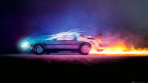 Back To The Future DeLorean Time Machine With Neon Light Trails And Fire Explosion HD wallpaper