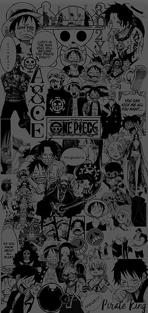 One Piece Manga Collage Featuring Luffy, Ace, and the Straw Hat Crew in Black and White HD phone wallpaper