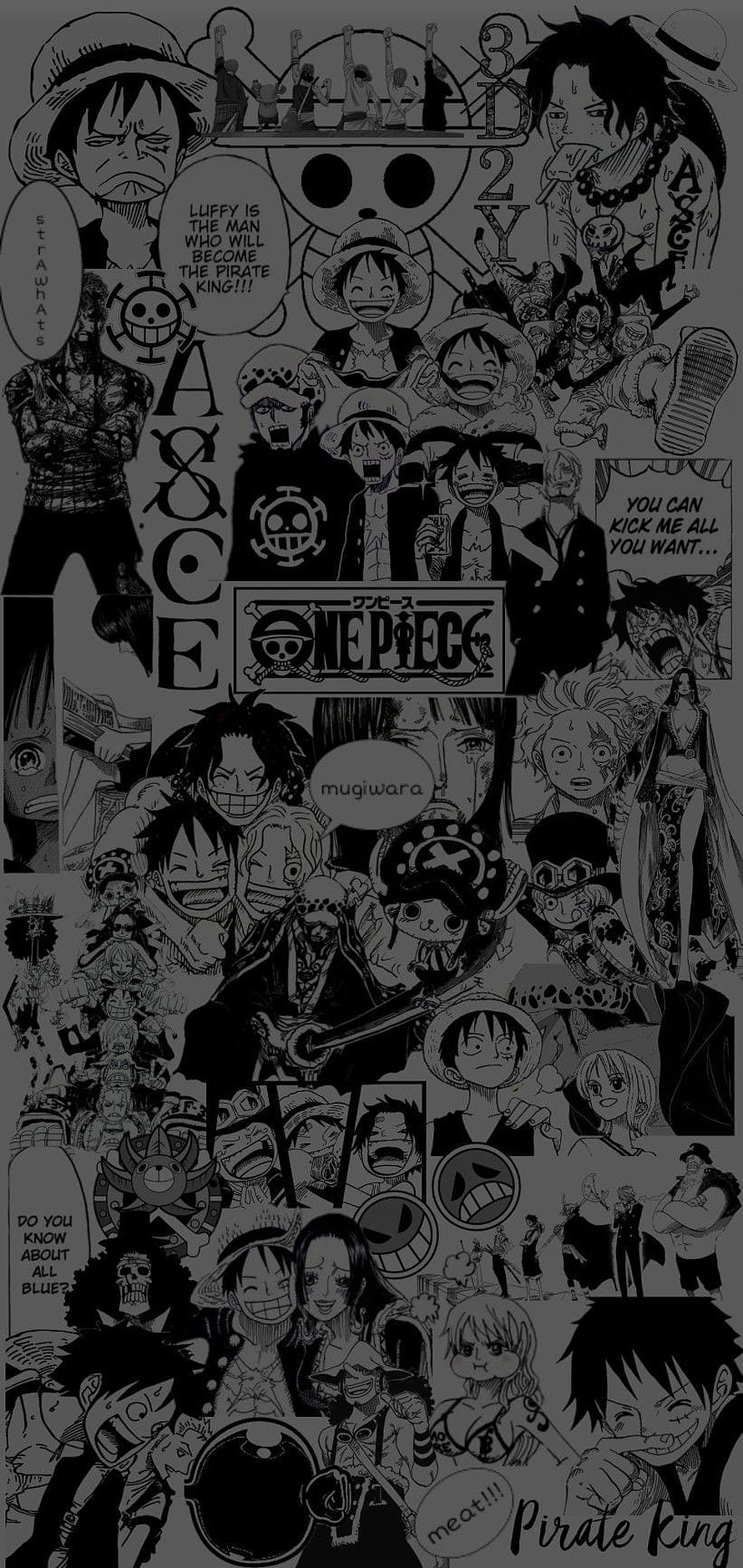 One Piece Manga Collage Featuring Luffy, Ace, and the Straw Hat Crew in Black and White HD phone wallpaper